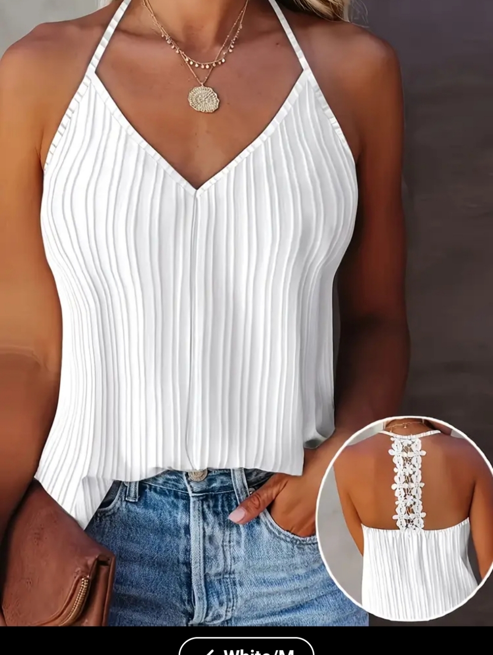 White Pleated V-Neck Lace-Back Cami Top